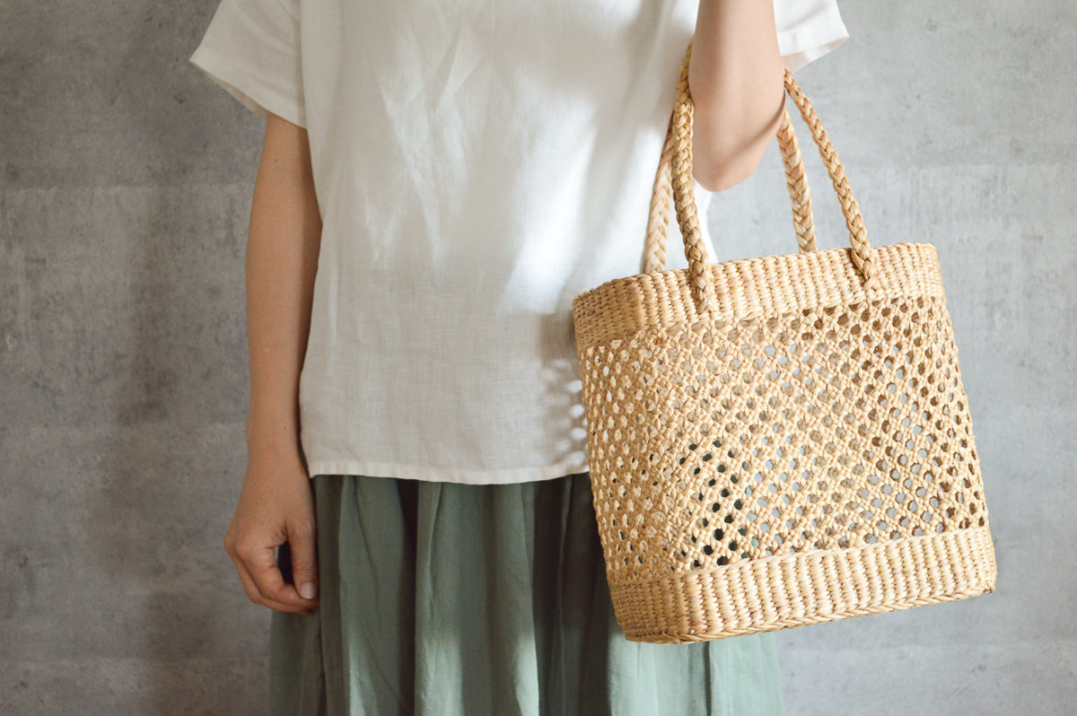 Bag “Straight” M, L / Water hyacinth / THA 3115210　タイ/ウォーターヒヤシンス　かごバッグ　透かし編み　ストレート型　M・L　2サイズ